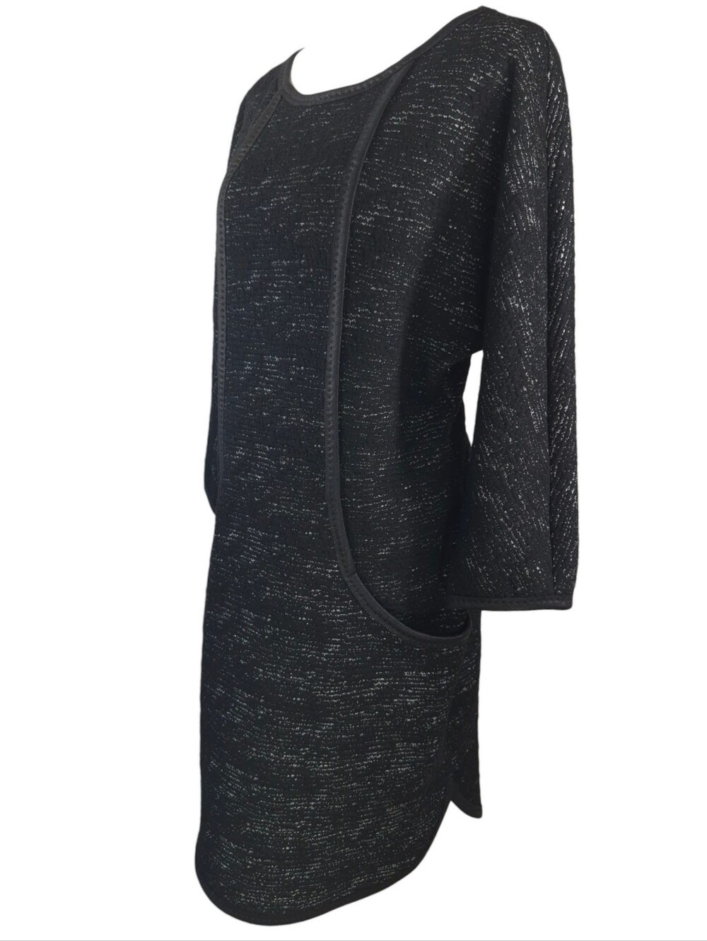 Max Edition Black Shift Dress Faux Leather Trim Pockets Long Sleeves Knit Medium - Picture 3 of 8